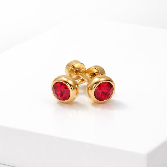 Circle Shaped Red Zirconia Gold Stud